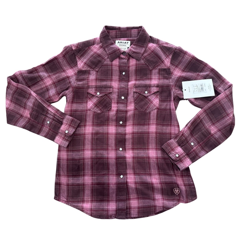 Ariat Girls Plaid Snap Front Long Sleeve Shirt Lucky SNP Clove Brown Youth L 12 - Picture 2 of 6
